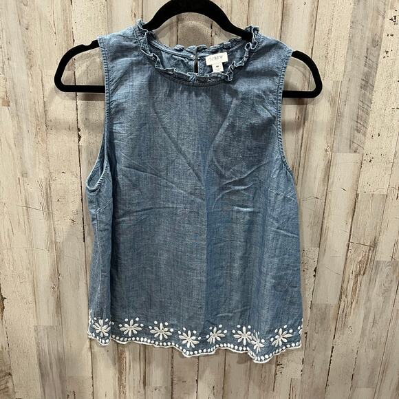 JCrew Blue Chambray High-neck Swing Top Embroidered For Women Size Medium - Picture 1 of 7